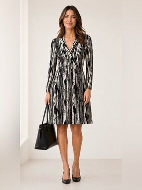 BCBG Maxazria Black & White Jersey Women's Wrap Dress Medium Stretch Business